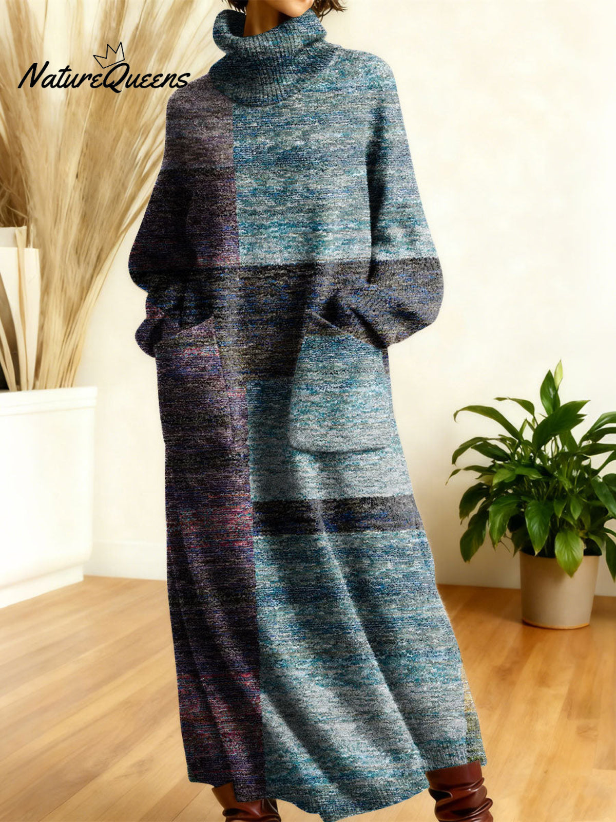 Women's Retro Geometric Patchwork High-neck Long-sleeve Casual Loose Knit Dress