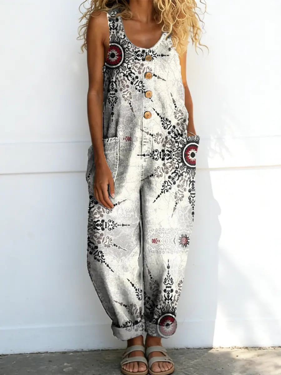 Women's Vintage Pattern Art Print Casual Cotton Denim Jumpsuit