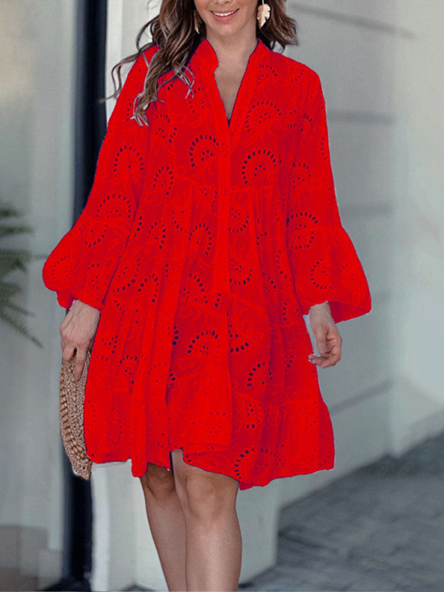 Women's Solid-color V-neck Loose-fit Dress With Embroidery And Cutout Lace