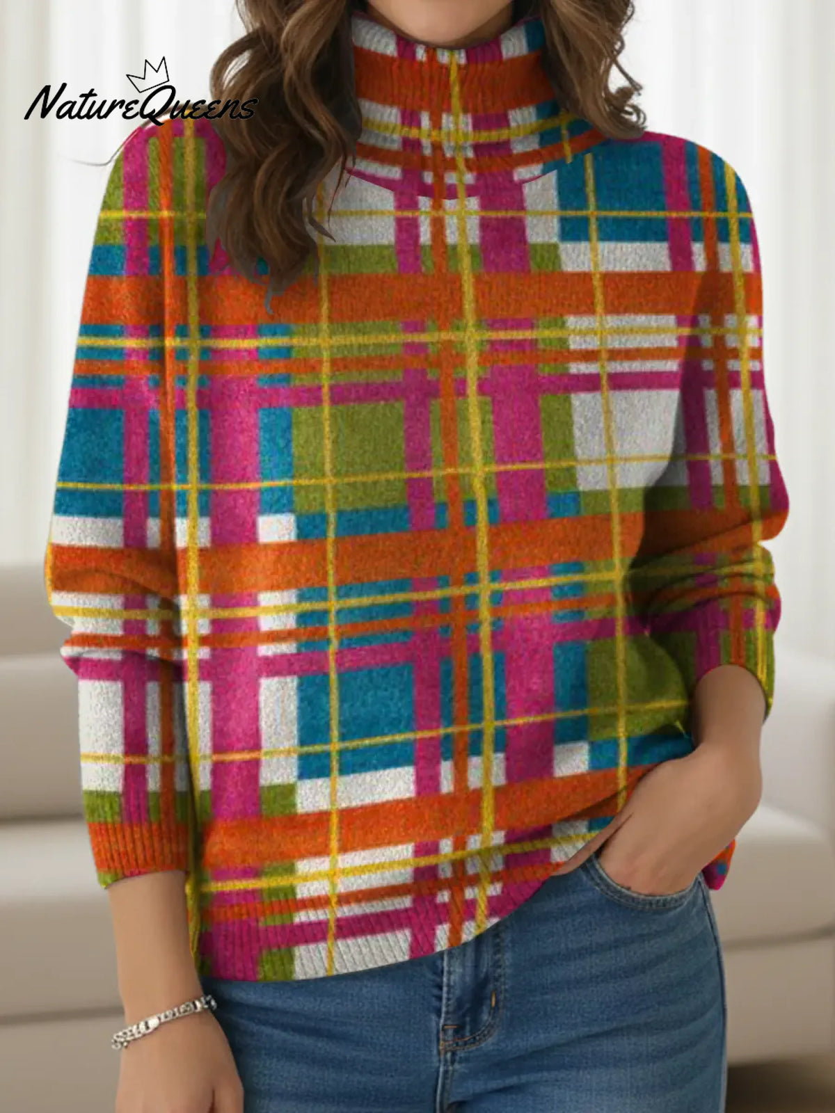 Women's Vintage Art Stripes Print Turtleneck Sweater