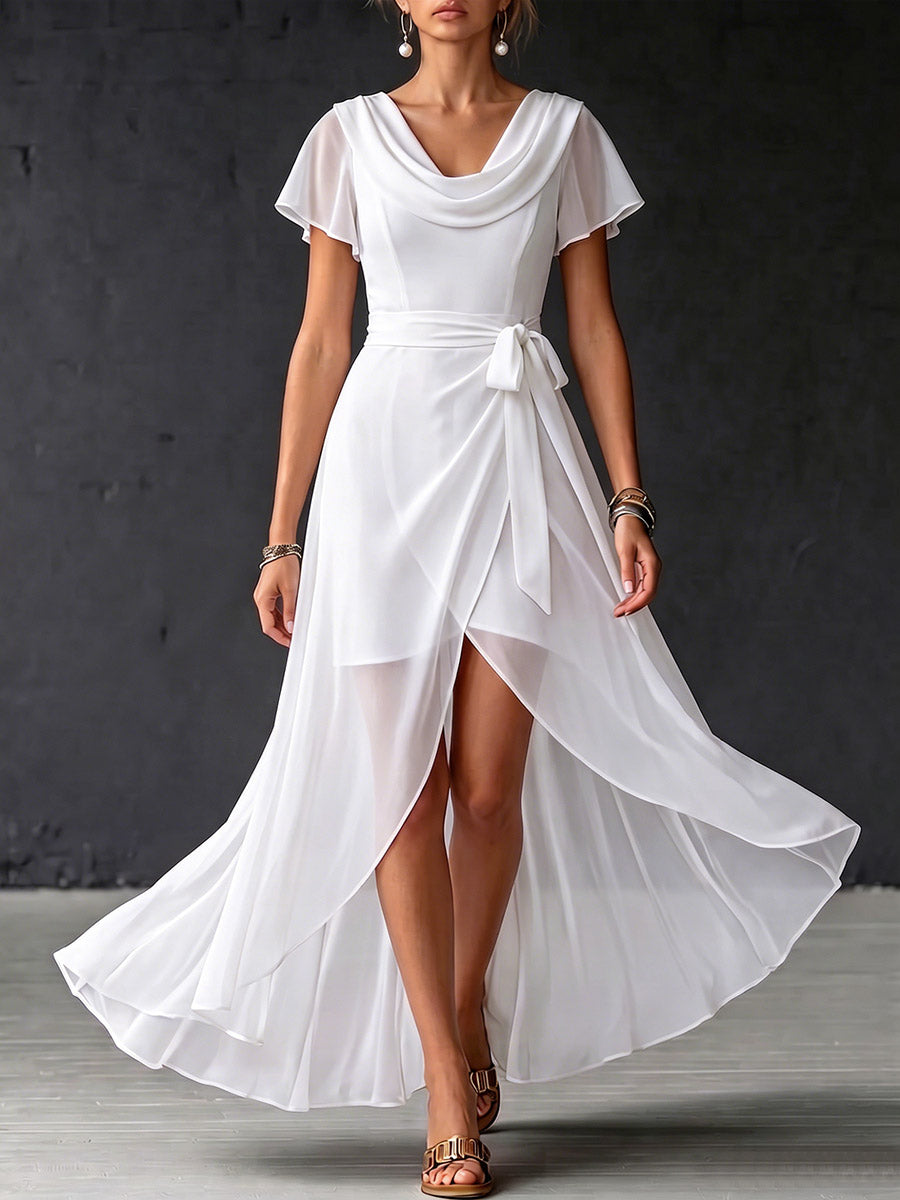 Women's Solid Color Cowl Neck Short-sleeve Casual Loose Chiffon Dress