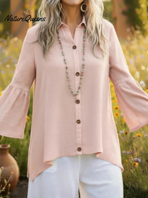 Cozy Button-down Flared Sleeve Linen Shirt Top