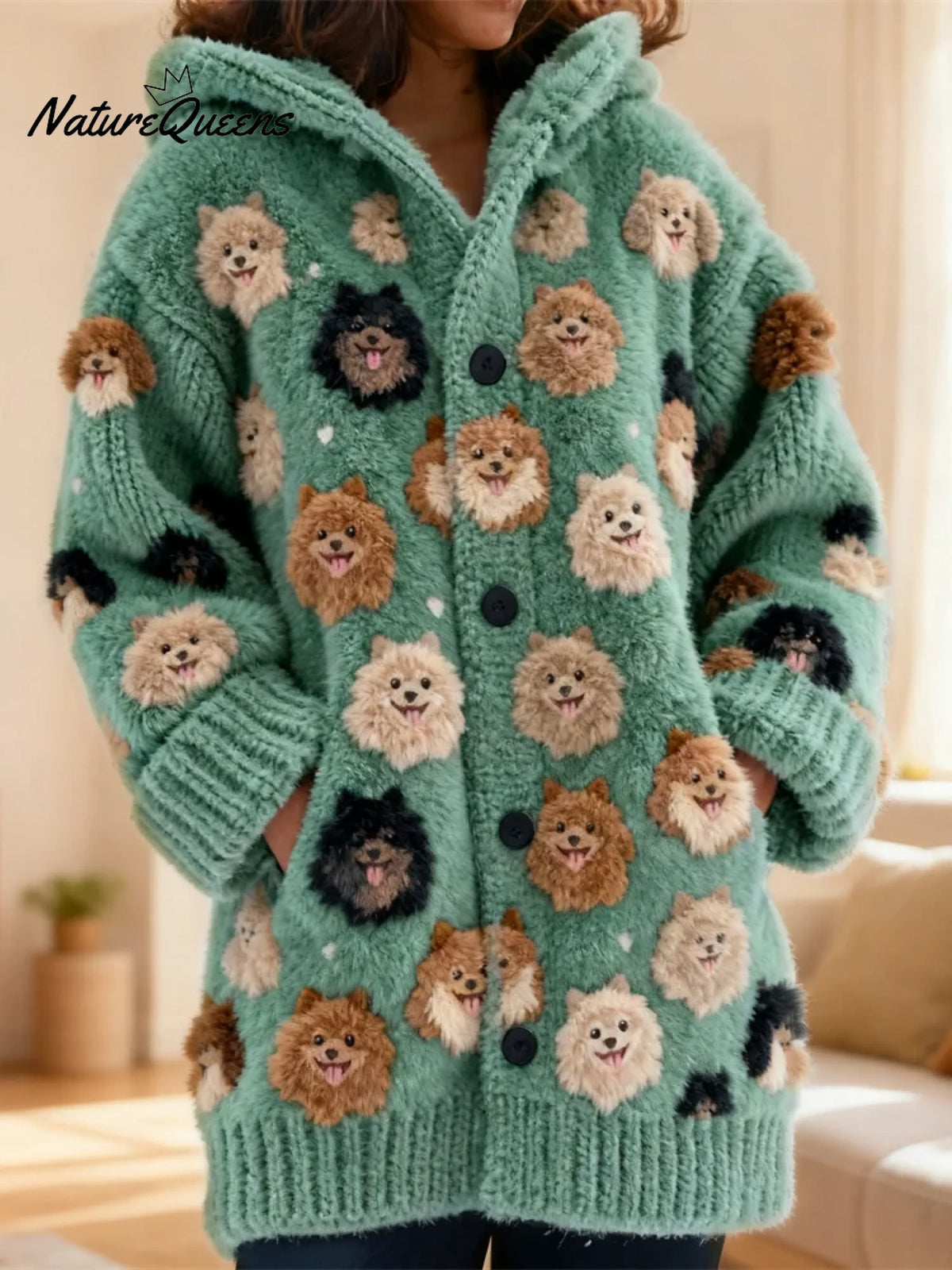 Women's Funny Dogs Pattern Art Print Casual Fleece Coat