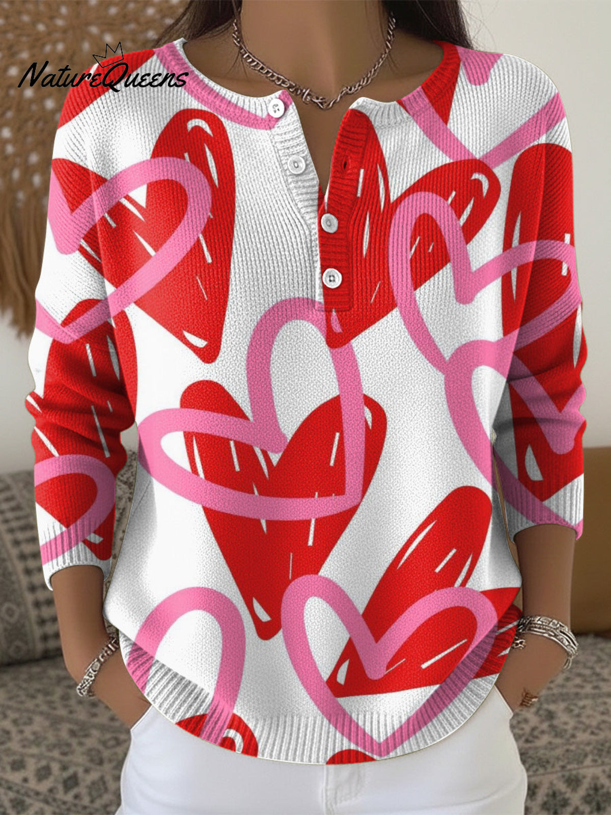 Valentine's Day Heart-shaped Decorative Patterns Casual Cardigan Collar Long Sleeve Sweater