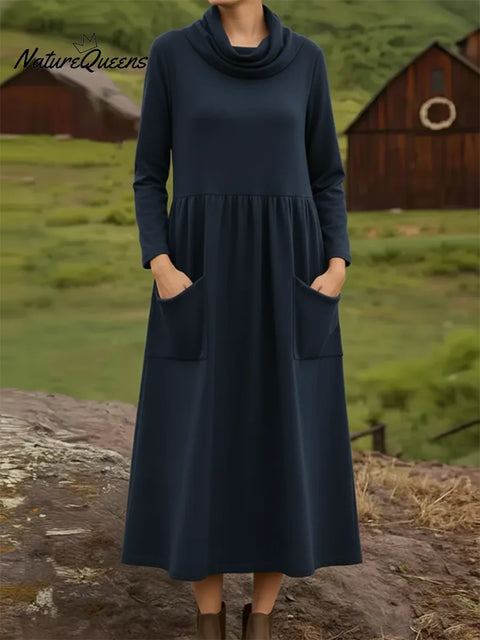 Retro Cowl Collar Pocket Stretch Midi Dress