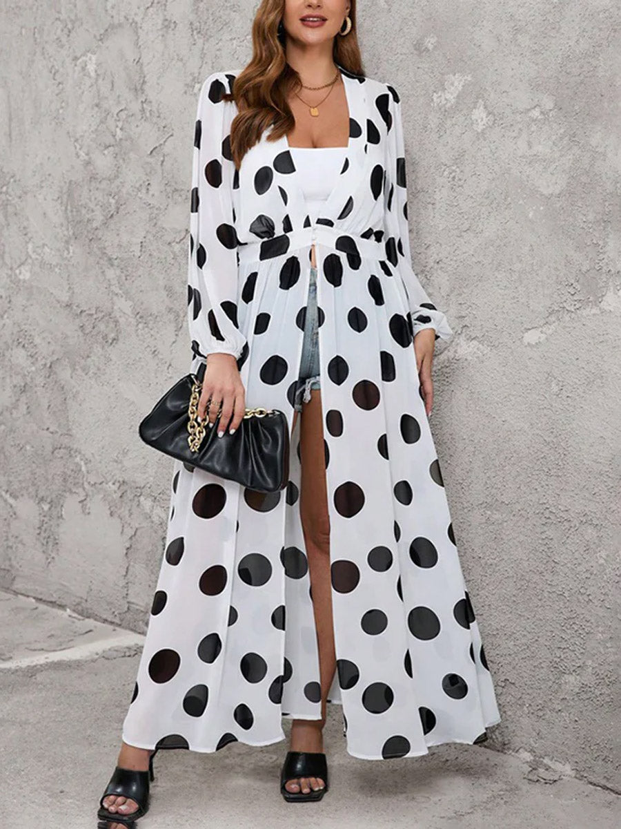 Women's Retro Polka Dot Art Print Casual Sheer Stylish Comfortable Long Shirt Dress