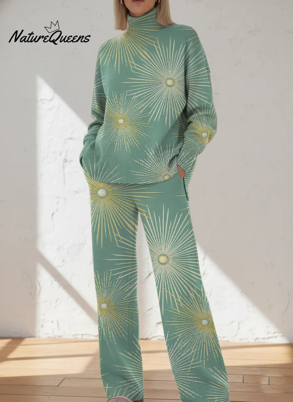 Women's Abstract Pattern Art Print Casual Knitted Cotton Top Pants Suit