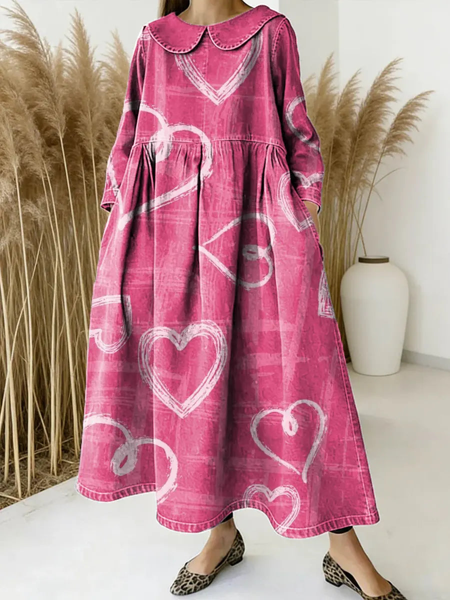 Women's Hearts Pattern Art Print Casual Denim Dress