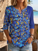 “Deep Sea Dream" Fish Print Henley Cotton T-shirt