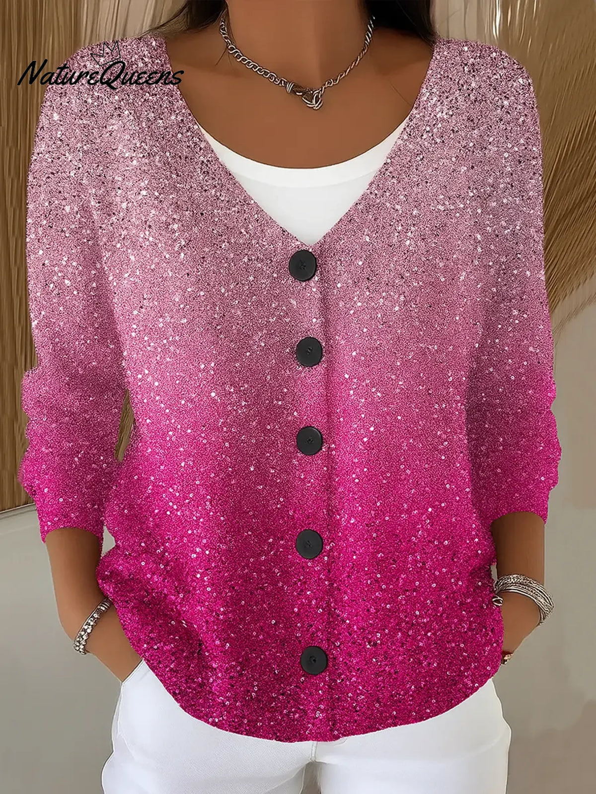 Women's Gradient Print V-Neck Long Sleeve Casual Loose Sequined Top