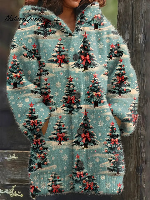 Women's Christmas Tree Art Print Casual Plush Warm Coat