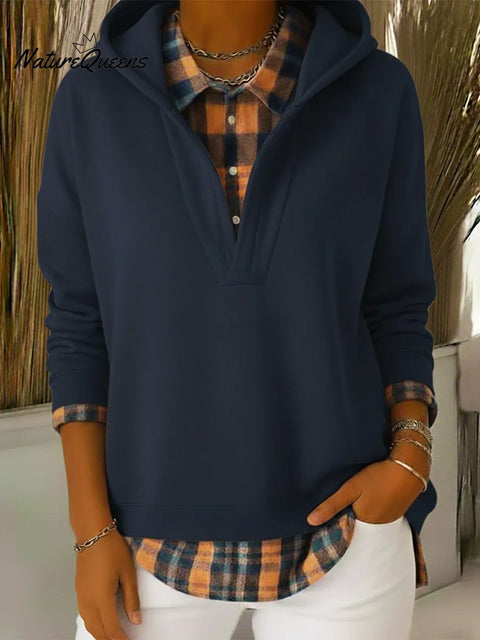 Retro Contrast Plaid Shirt Sweatshirt Fake Two-piece Pullover