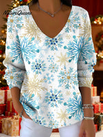 Women's Christmas Snowflake Pattern Art Print V-neck Solid Color Loose Shiny Sweater