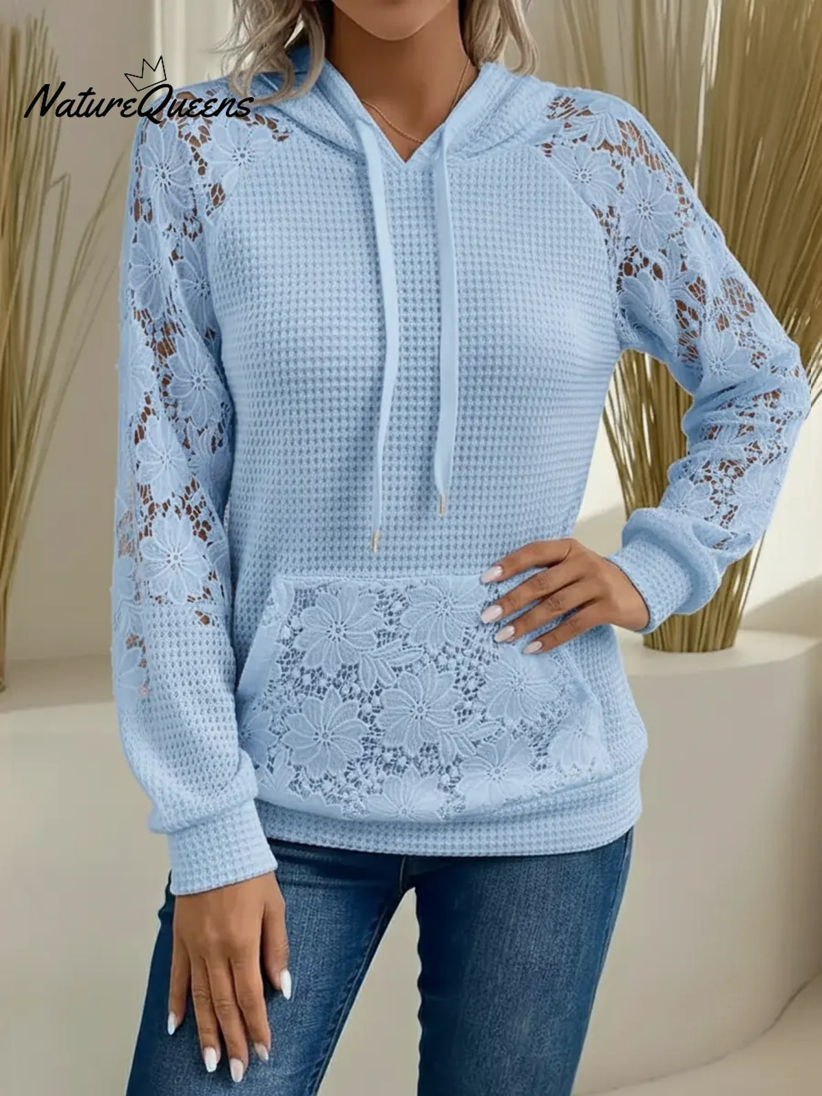 Women's Patchwork Lace Waffle Cotton Hooded Sweatshirt