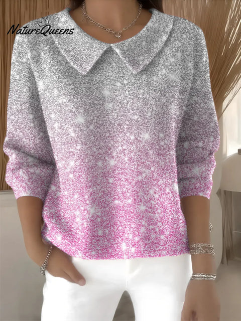 Women's Pink Sparkling Gradient Casual Peter Pan Collar 3/4 Sleeve Sweater