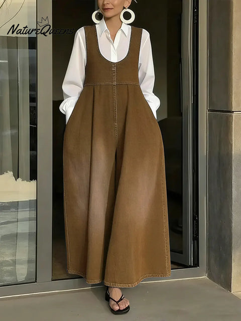 Women's U-neck Simple Sleeveless Casual Loose Denim Wide-leg Jumpsuit