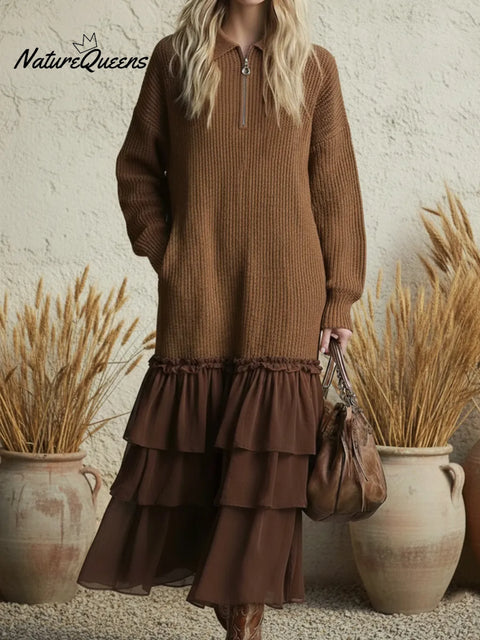 Retro Romantic Multi-layered Ruffled Hem Knit Dress