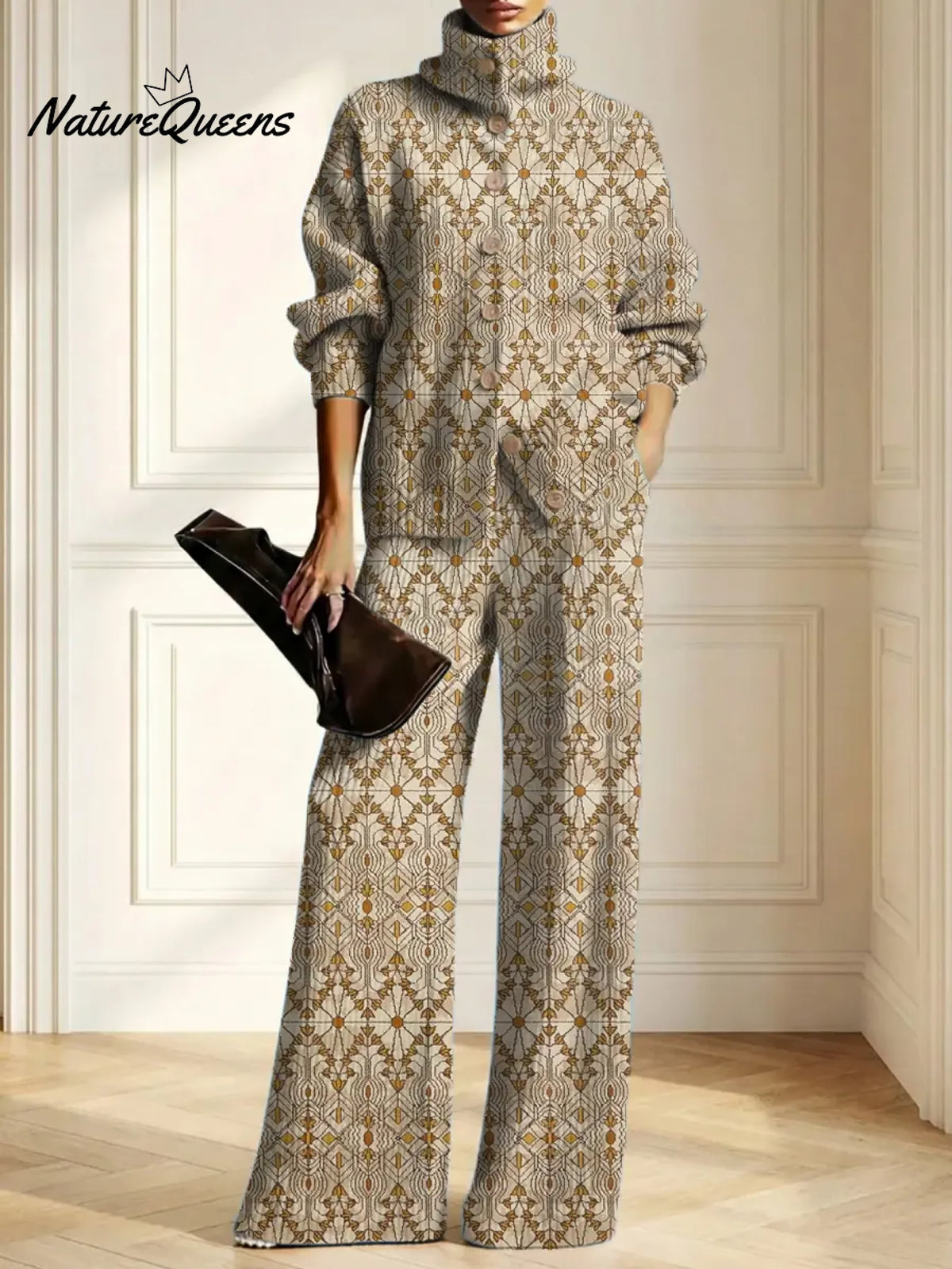 Women's Vintage Pattern Art Print Casual Cotton Knitted Suits