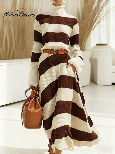 Women's Color-blocked Striped Turtleneck Long-sleeved Casual Loose Knit Dress
