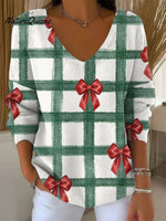 Women's Vintage Christmas Plaid Bow Art Print V-neckLooseSweater