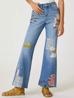 Women's Vintage Pattern Art Print Casual Cotton Denim Jeans