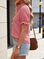 Women's Ruffled Stand Collar Plaid Short-sleeve Shirt