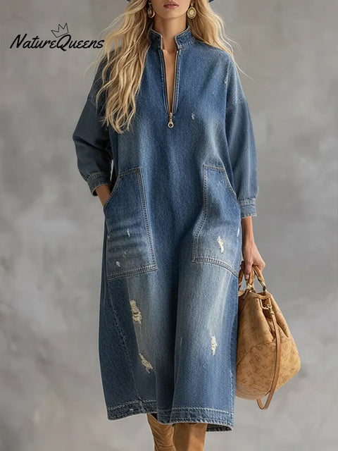 Women's Stand Collar Long Sleeve Casual Loose Denim Dress