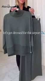 Casual Travel Stand Collar Side Zipper Top Straight Pants Two-Piece Set