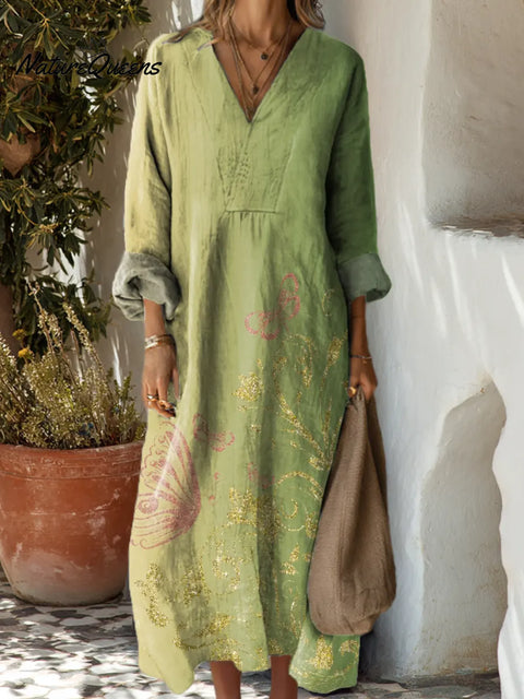 Women's Butterfly Floral Art Print Casual Cotton Dress