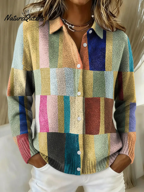 Women's Colorful Retro Geometry Pattern Printed Collared Sweater