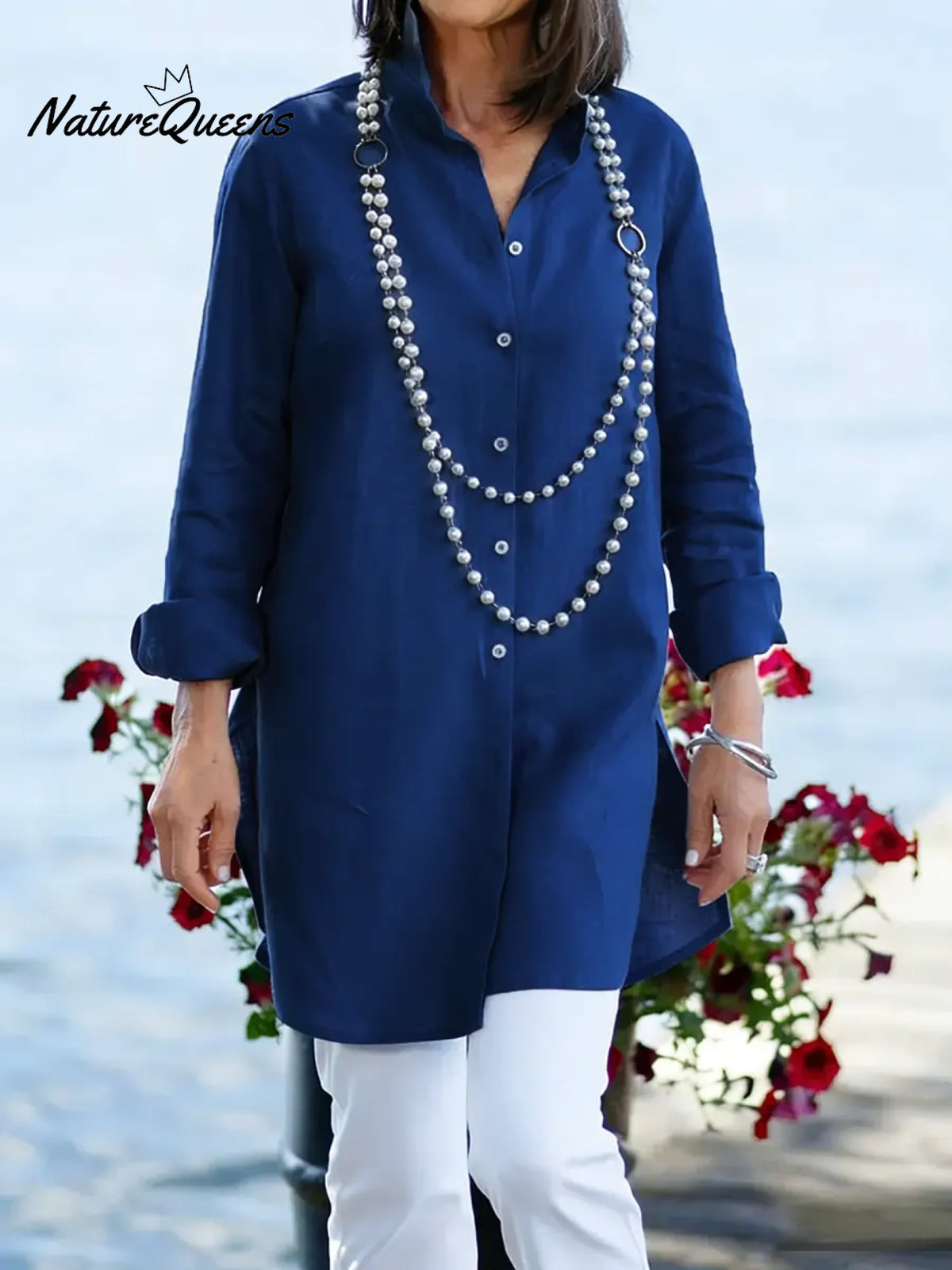 Women's Solid Color Lapel Long-sleeved Casual Loose Cotton And Linen Tunic Top