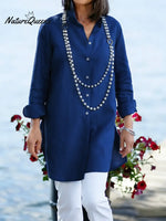 Women's Solid Color Lapel Long-sleeved Casual Loose Cotton And Linen Tunic Top