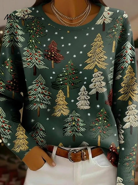 Snowy Night Christmas Tree Print Crew Neck Sweatshirt