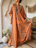 Women's Casual Loose Cotton-linen Dress With Placement Print V-neck, And 3/4 Sleeves