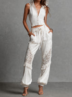 Lace-trimmed Ribbed Cropped Hoodie + Lace-paneled Joggers Set