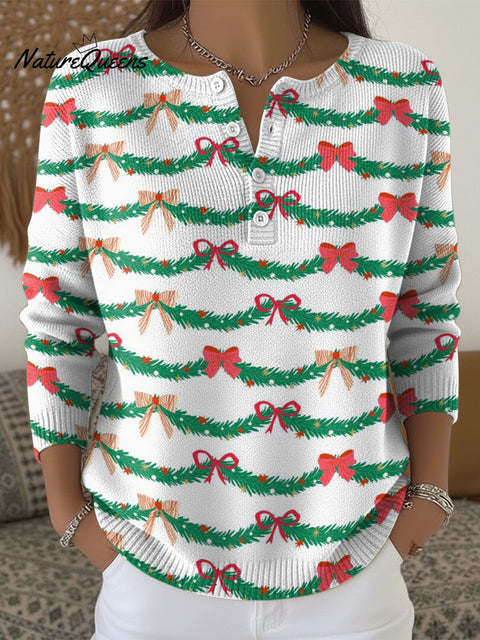 Classic Christmas Bow Decoration Pattern Women's Casual Cardigan Collar Sweater