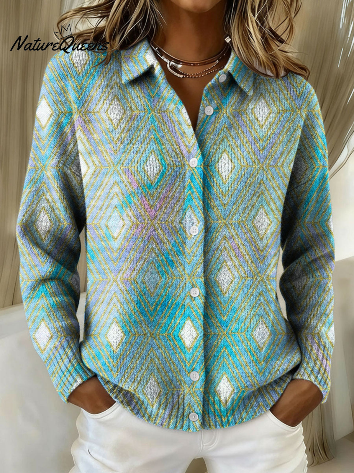 Women's Retro Geometric Abstract Stripe Pattern Art Print Cowl Neck Sweater