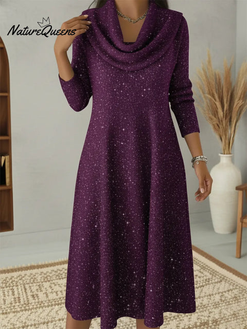 Elegant Christmas Cowl Neck Shiny A-line Midi Dress