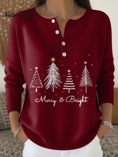 Women's Christmas Tree Pattern Art Print Buttoned Cardigan Sweater