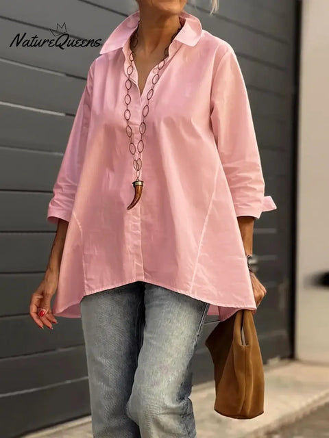Women's Solid Color Collared Long-Sleeved Casual Cotton Linen Loose Shirt