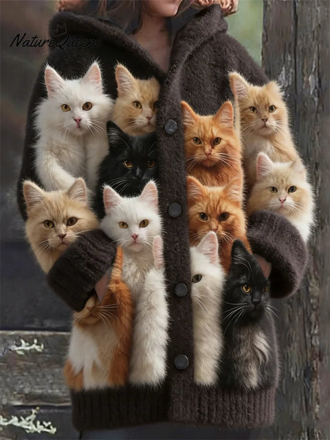 Women's Funny Cats Pattern Art Print Casual Fleece Coat