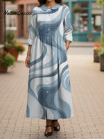 Women's Retro Blue Ripple Cotton And Linen Dress