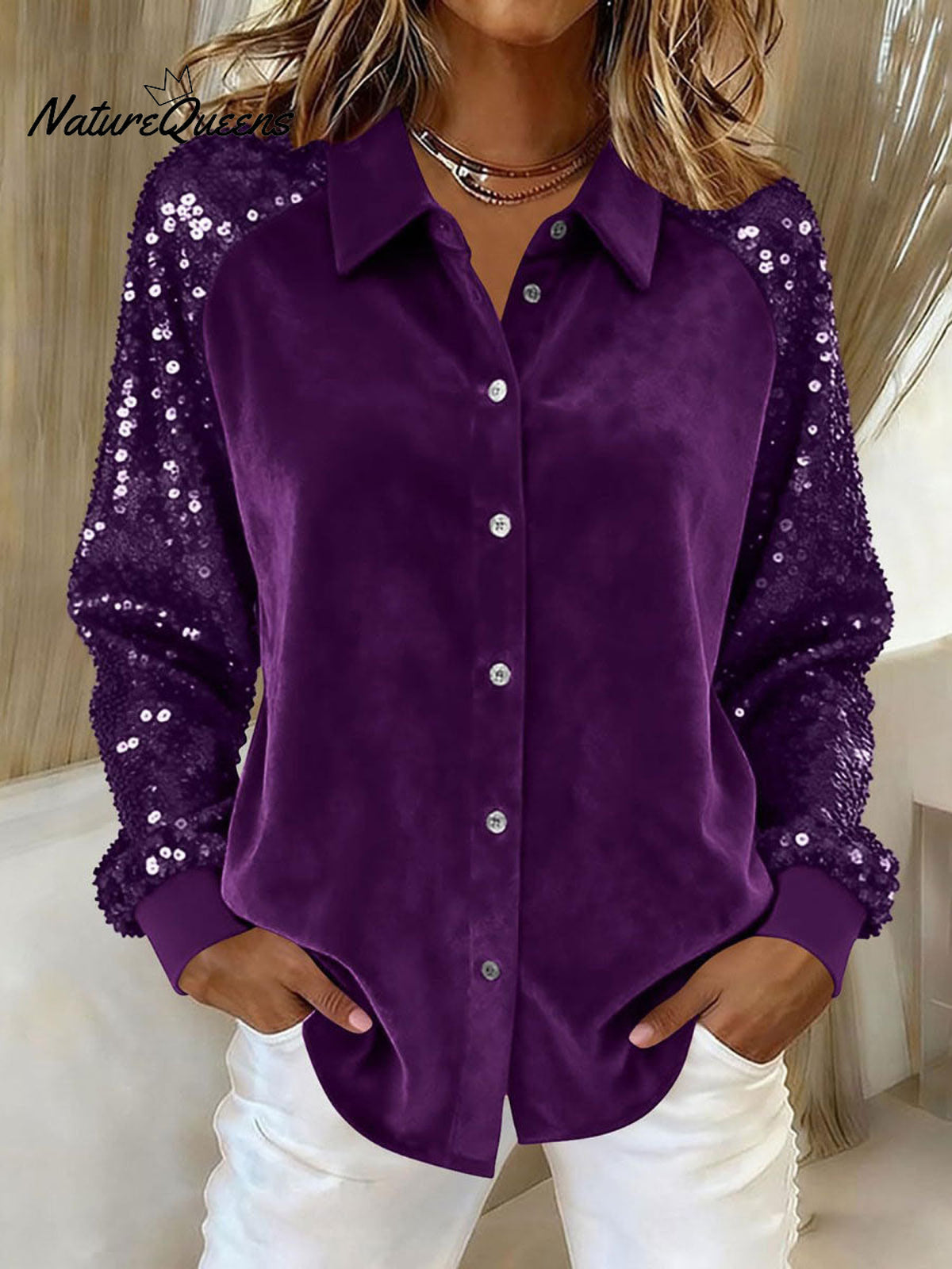 Women's Sequined Sleeve Patchwork Long-sleeved Velvet Loose Shirt