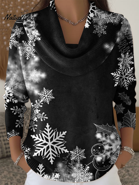 Women's Christmas Snowflake Pattern Art Print Cowl Neck Sweater
