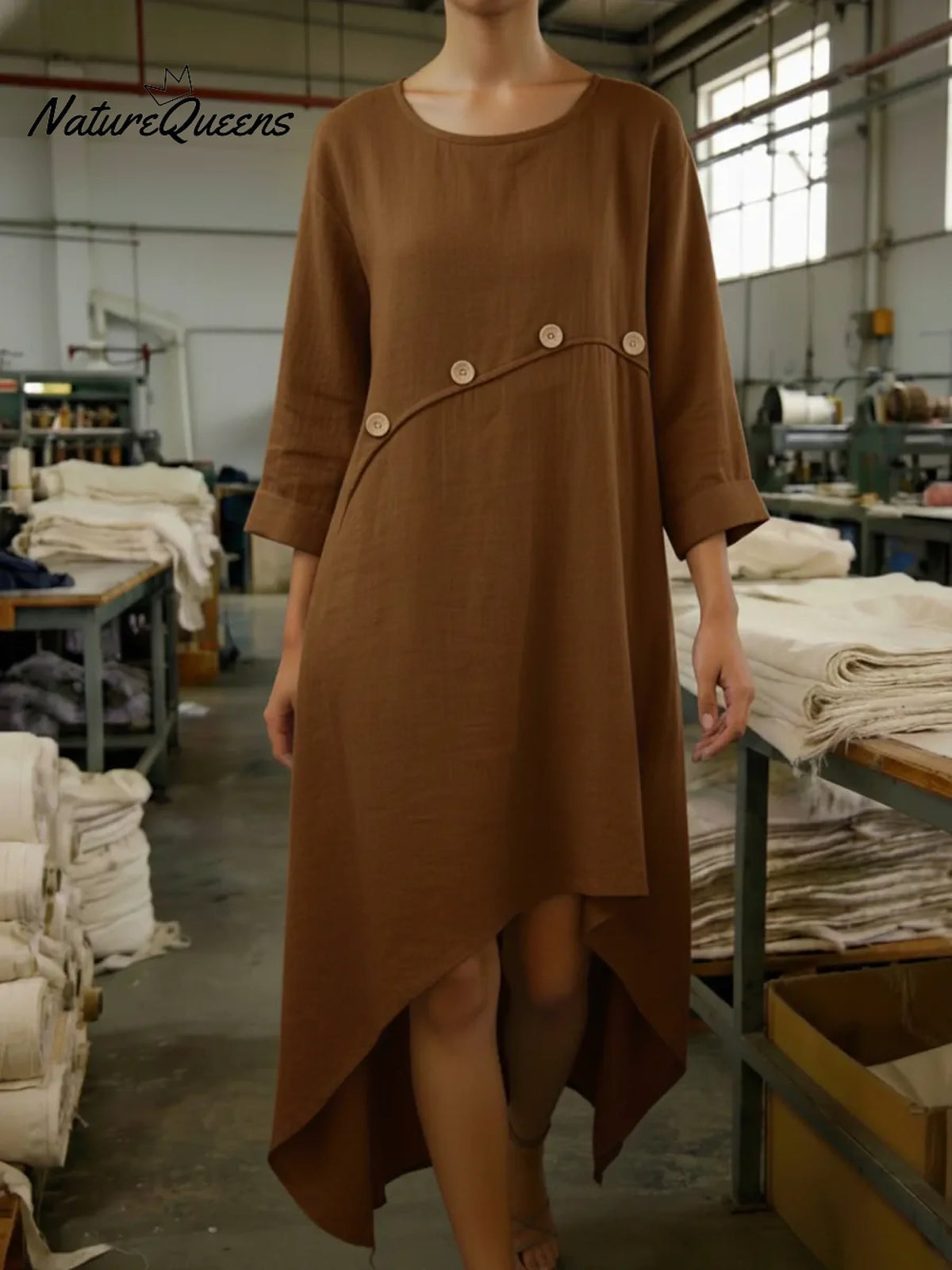 Cozy Patchwork Button-decorated Linen Dress