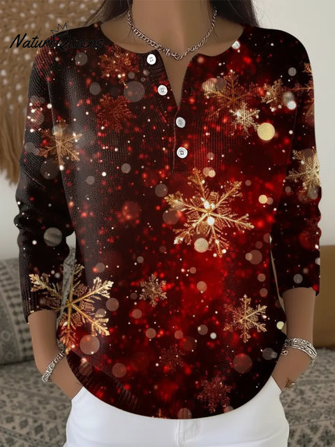 Golden Snowflakes Print Buttoned Cardigan Sweater