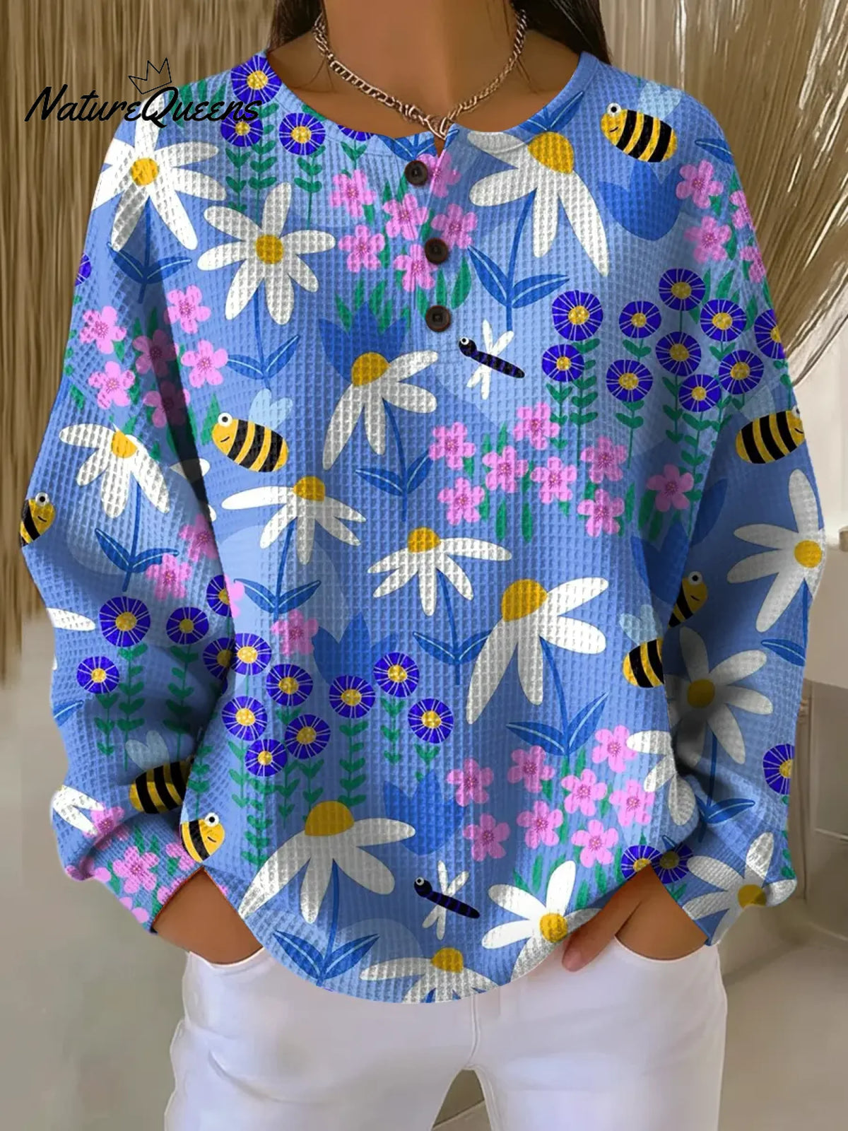 Women's VintageFlowers Pattern Art Print Casual Waffle Sweatshirt