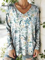 Women's Floral Pattern Art Print V-neck Casual Cotton T-shirt