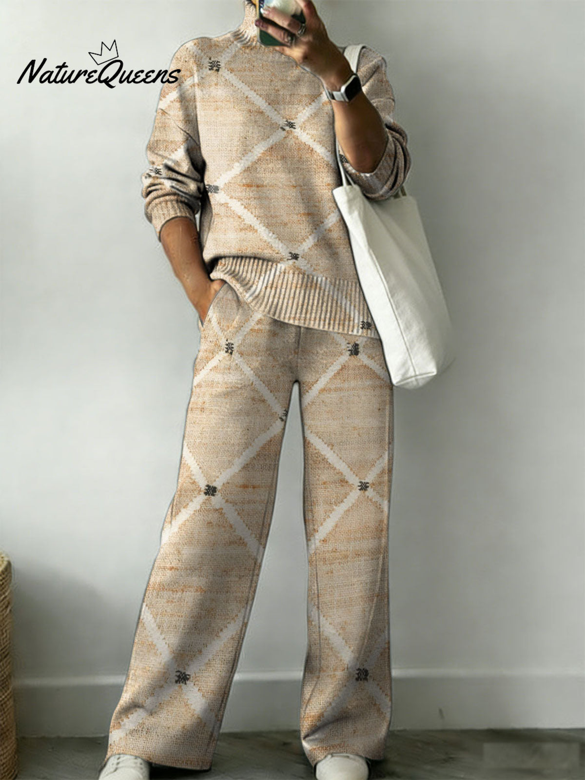 Vintage Diamond Pattern Casual Stand Collar Long Sleeve Top And Elastic Waistband Pants