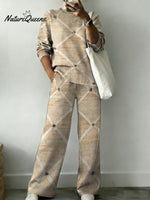 Vintage Diamond Pattern Casual Stand Collar Long Sleeve Top And Elastic Waistband Pants